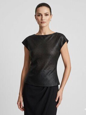 Catherine Malandrino Women SZ 8 Black Short Sleeve Textured Lamb Leather Zip Top